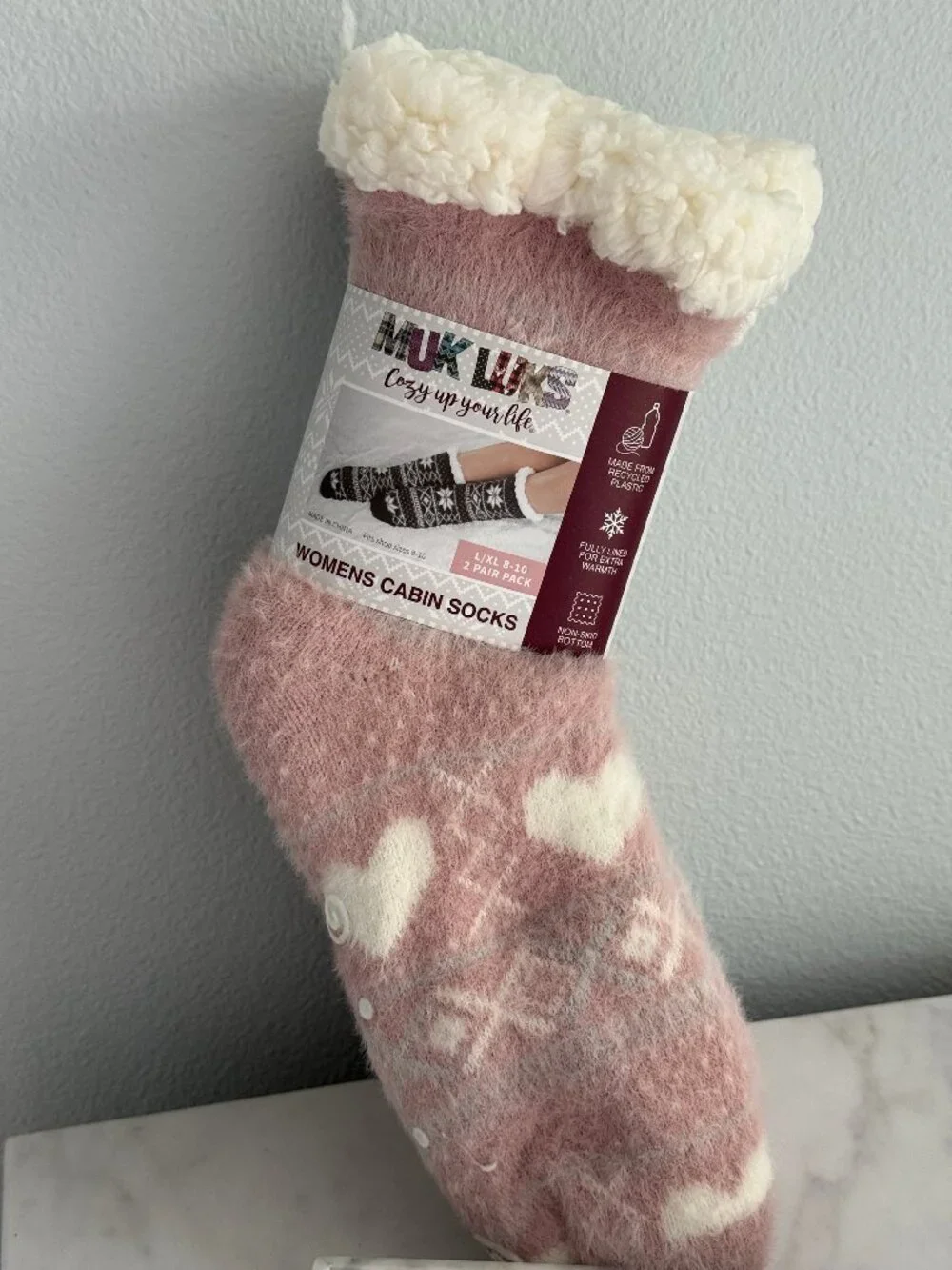 MUK LUKS Women's Chenille Cabin Socks Pink Fair Isle and Plaid